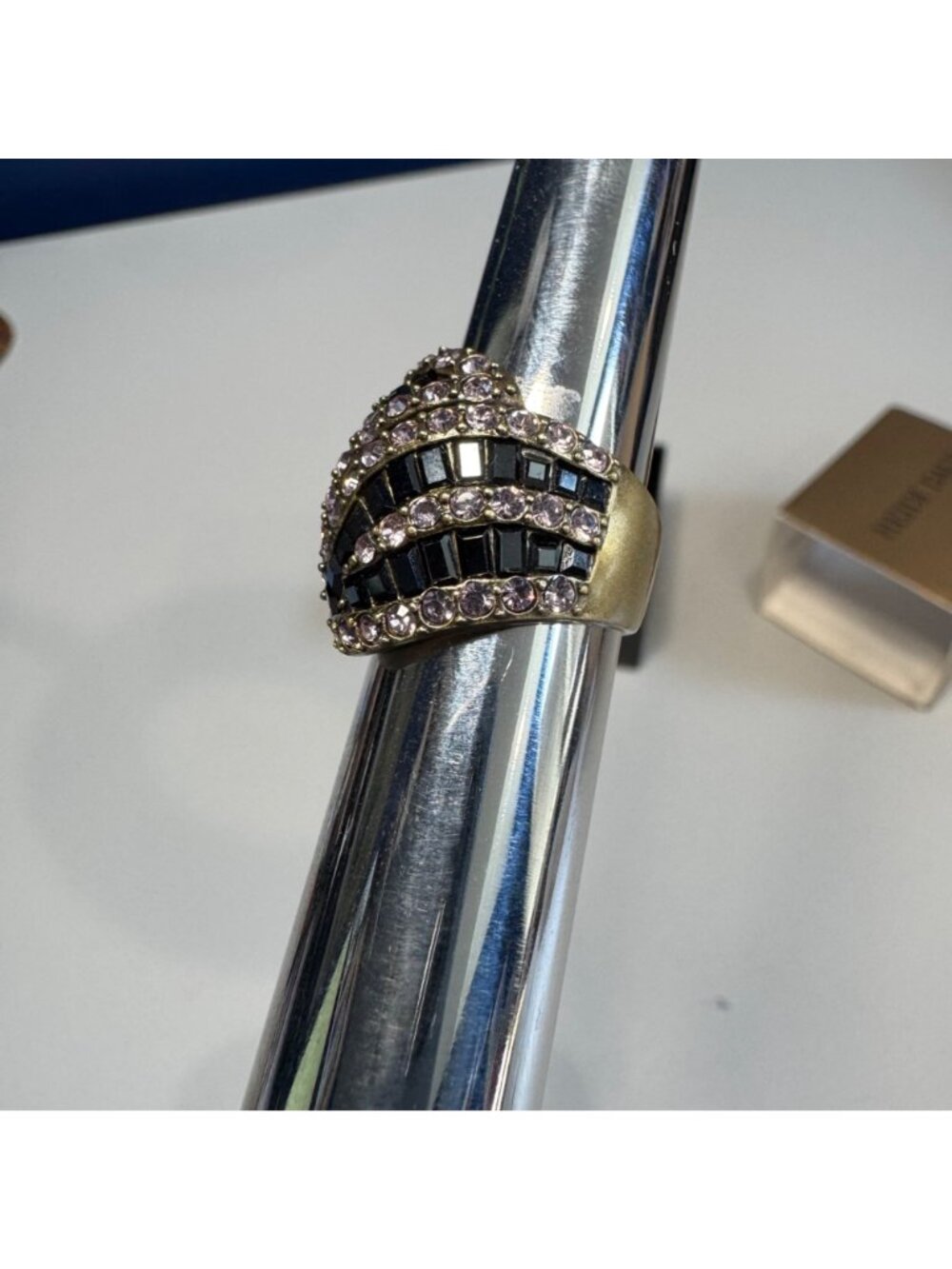 Heidi Daus Crystal Pave Art Deco Black & Pink Striped Stone Ring In Box - Picture 11 of 12